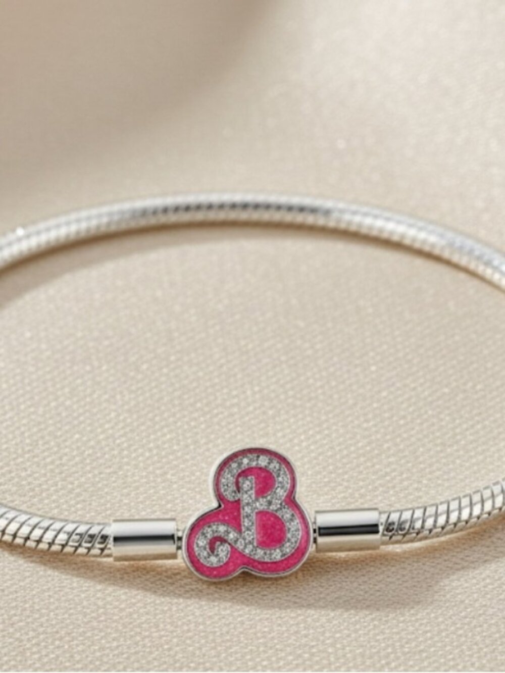 Silver Snake Chain Bracelet with Pink Enamel Initial Charm